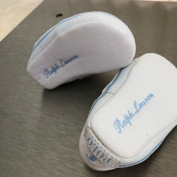 Ralph Lauren Baby Boy Canvas Shoes Slip On White Light Blue Logo Size 2 - Picture 4 of 11